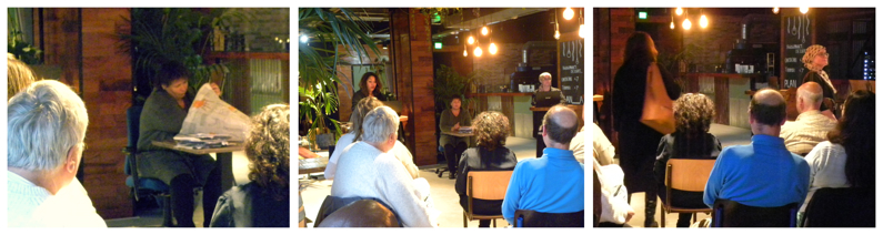 3 foto's van het stuk van Scenes ui het gewon leven. Vanuit het publiek zie je de spelers.